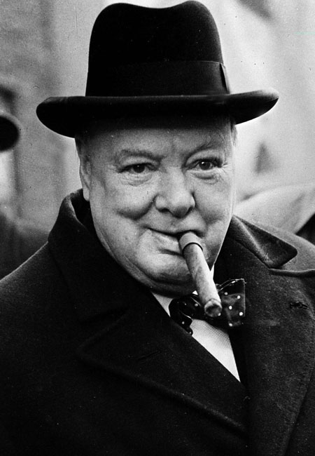 A portrait of Winston Churchill wearing a hat and smoking a cigar. 